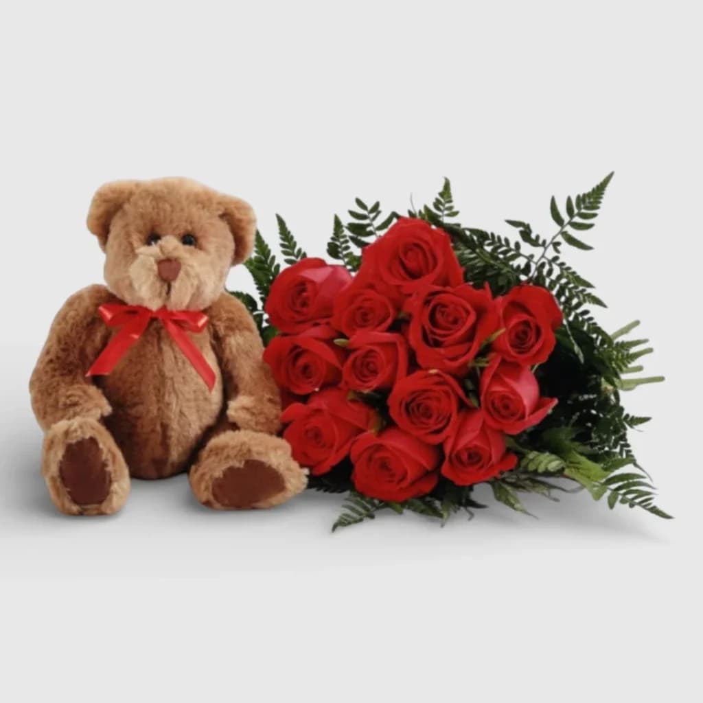 Red Long Stem Roses with a Teddy Bear