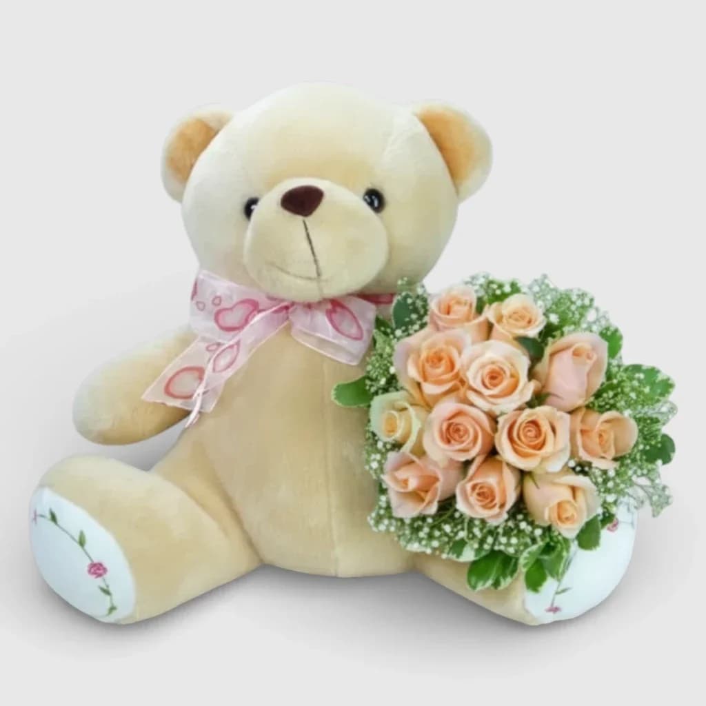 Hand-tied Peach Roses Bouquet with Teddy Bear