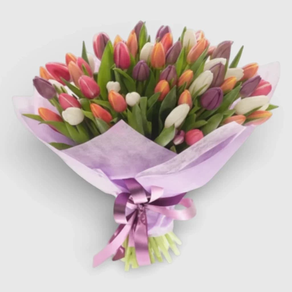 51 Many-coloured tulips bouquet "Сolours Fountain"