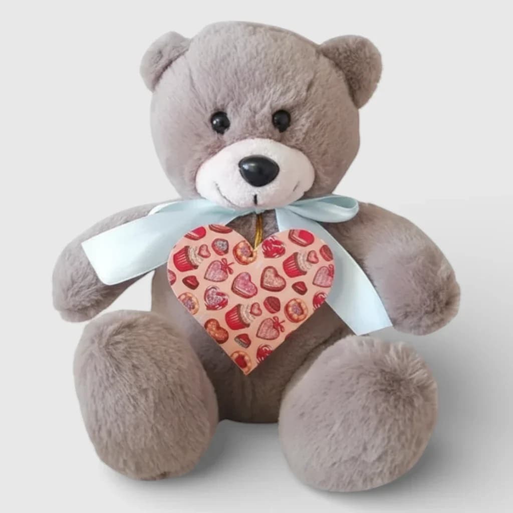 Soft toy teddy bear with heart, dark brown
