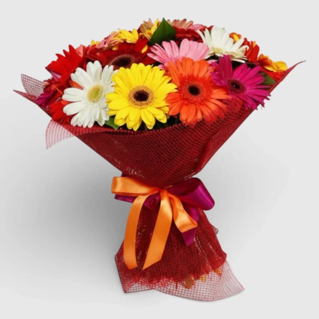 Hand-tied bouquet of 23 multi- colored Gerberas