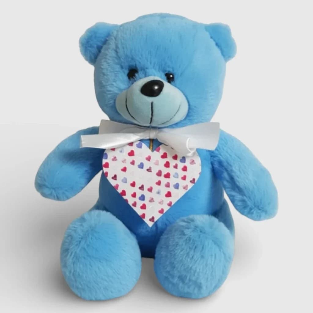 Soft toy teddy bear with heart, blue