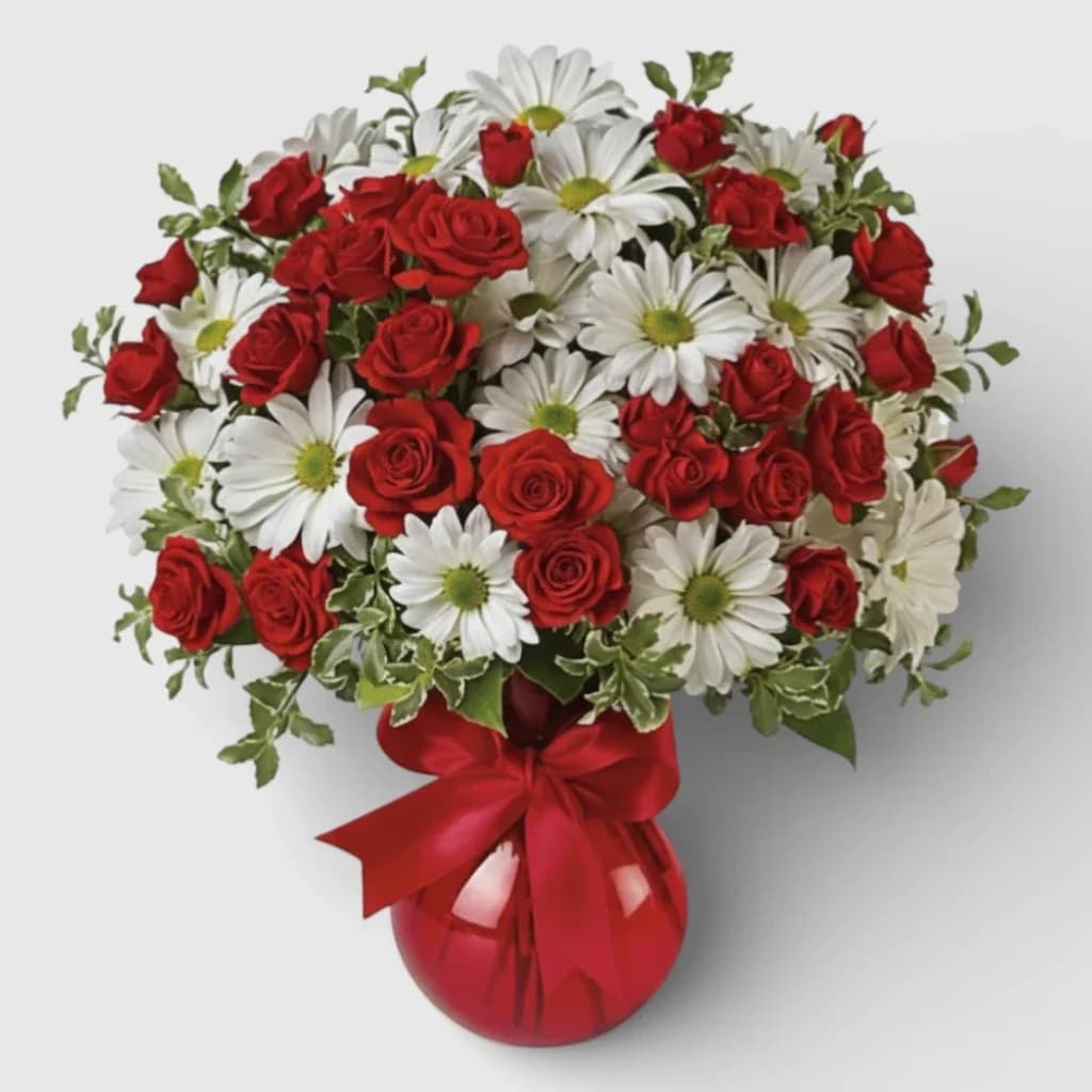 Bouquet of White Chrysanthemums& Red roses "Sweet Surprises"