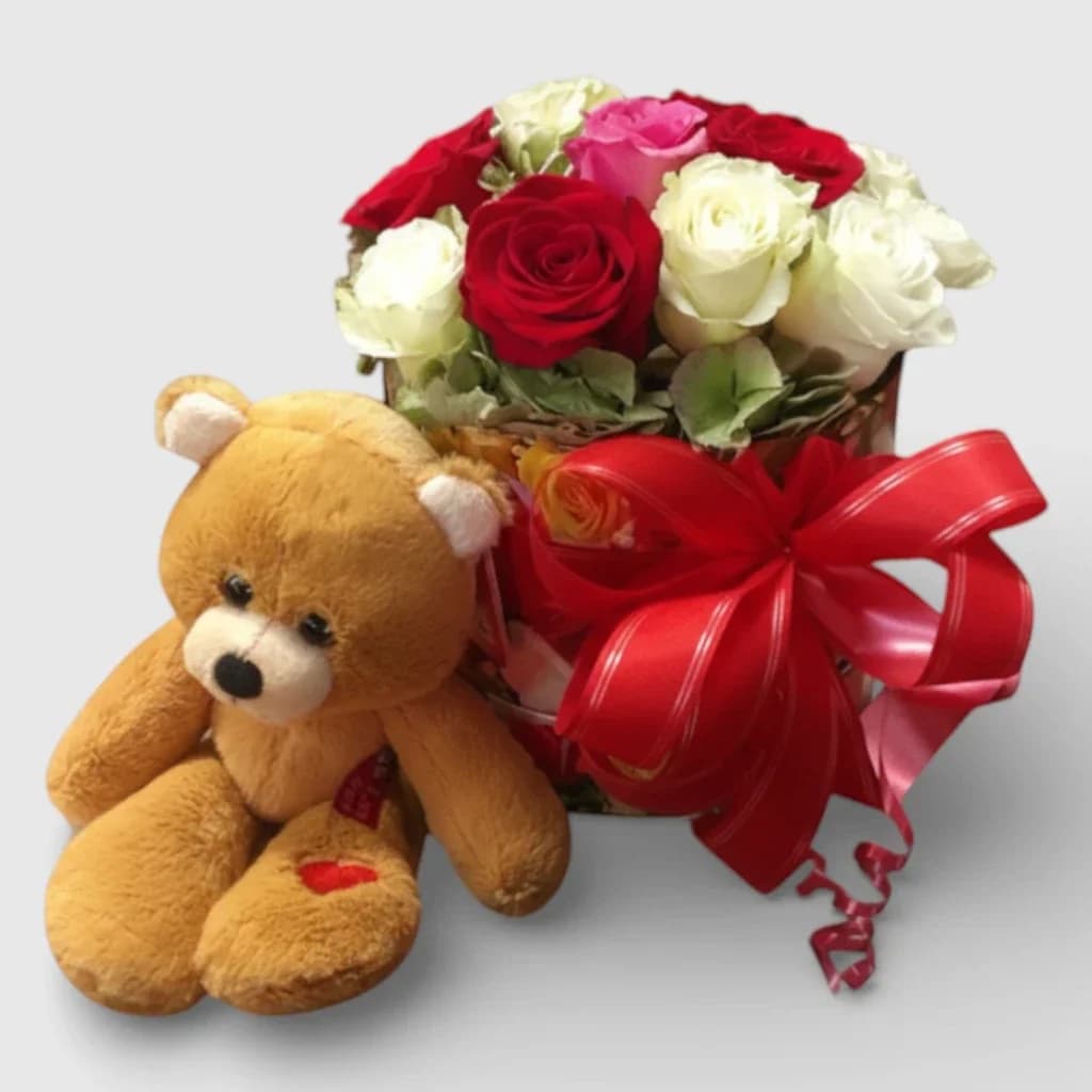 Roses in a Luxury Box and Teddy Bear 