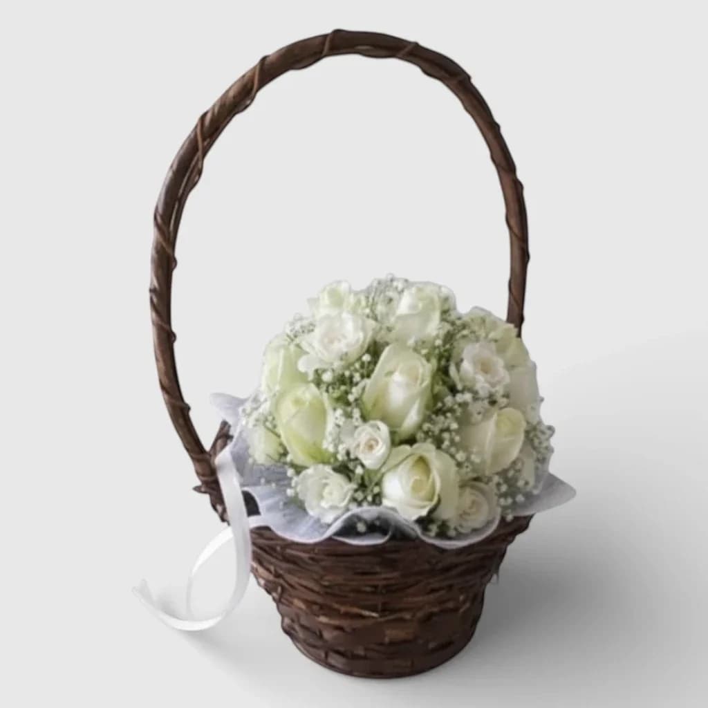 Elegant basket of White Roses "Snow White"