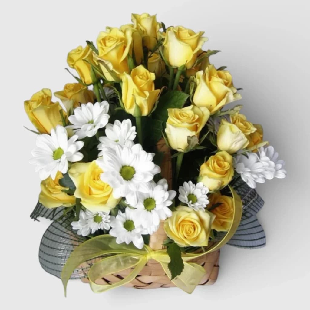 Basket with Roses& Сhrysanthemum "Oriental Sun"