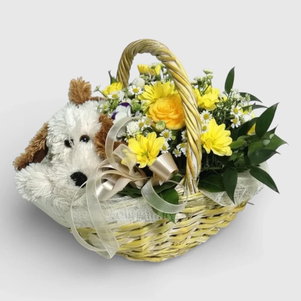 Flower arrangement "Basket with a Soft Toy Dog & Flowers"