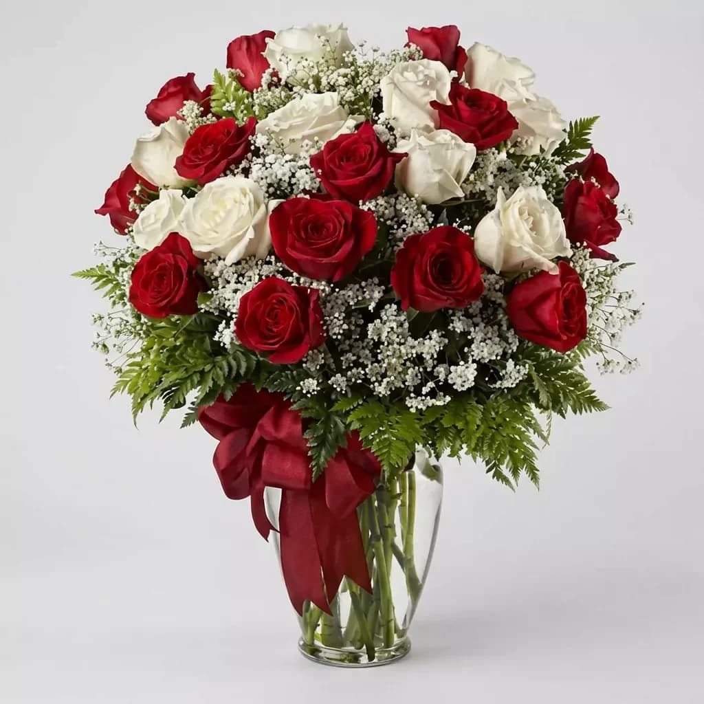 Bouquet of 25 Red and White Roses "Divine Love"