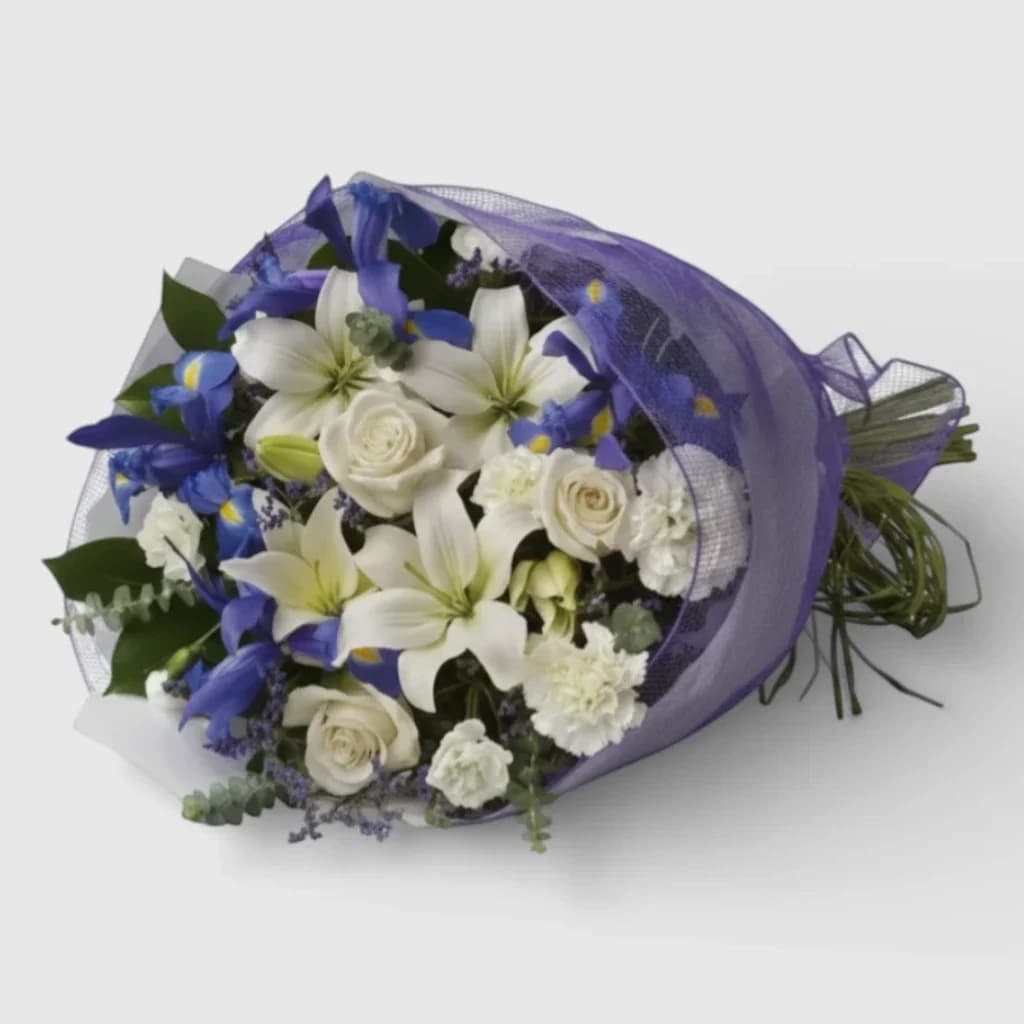 Bouquet Roses, Lilies& Irises "Ocean Breeze"