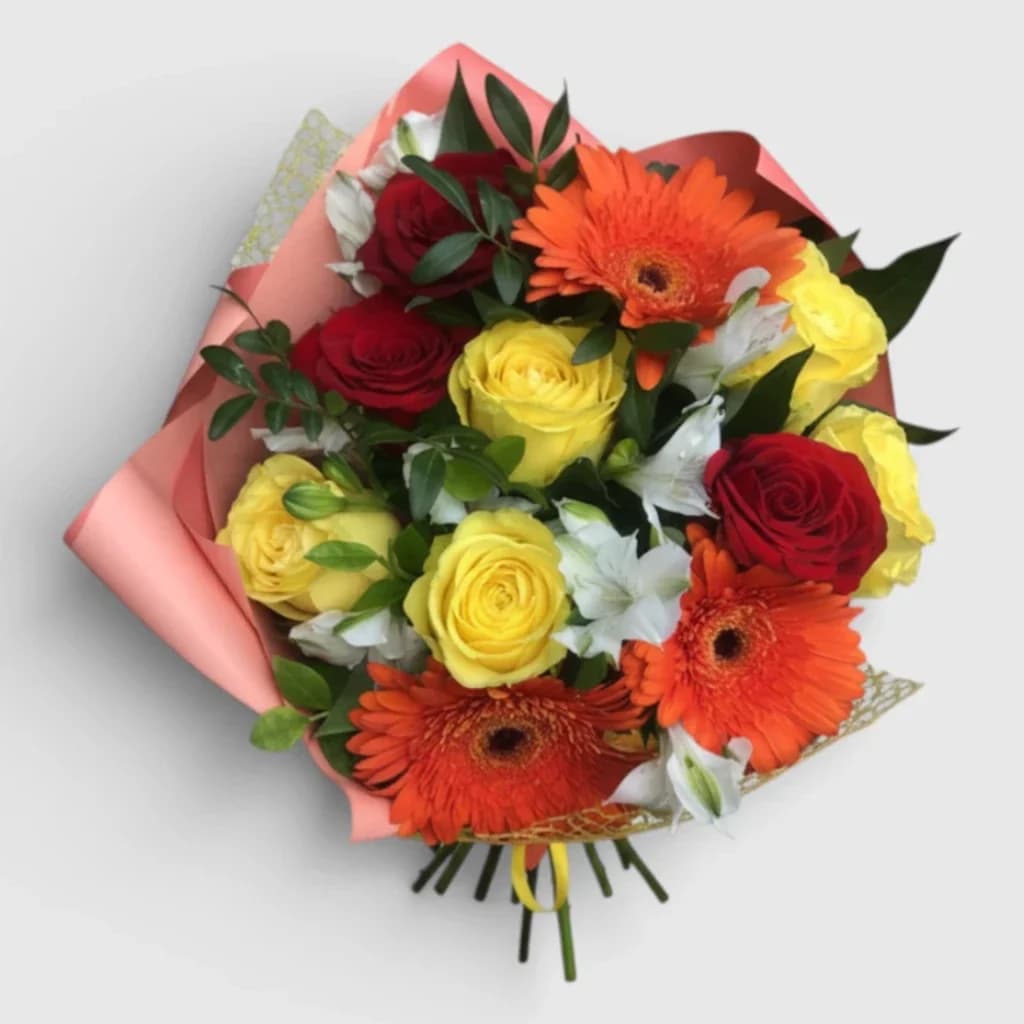 Bouquet of roses, gerberas and alstroemerias