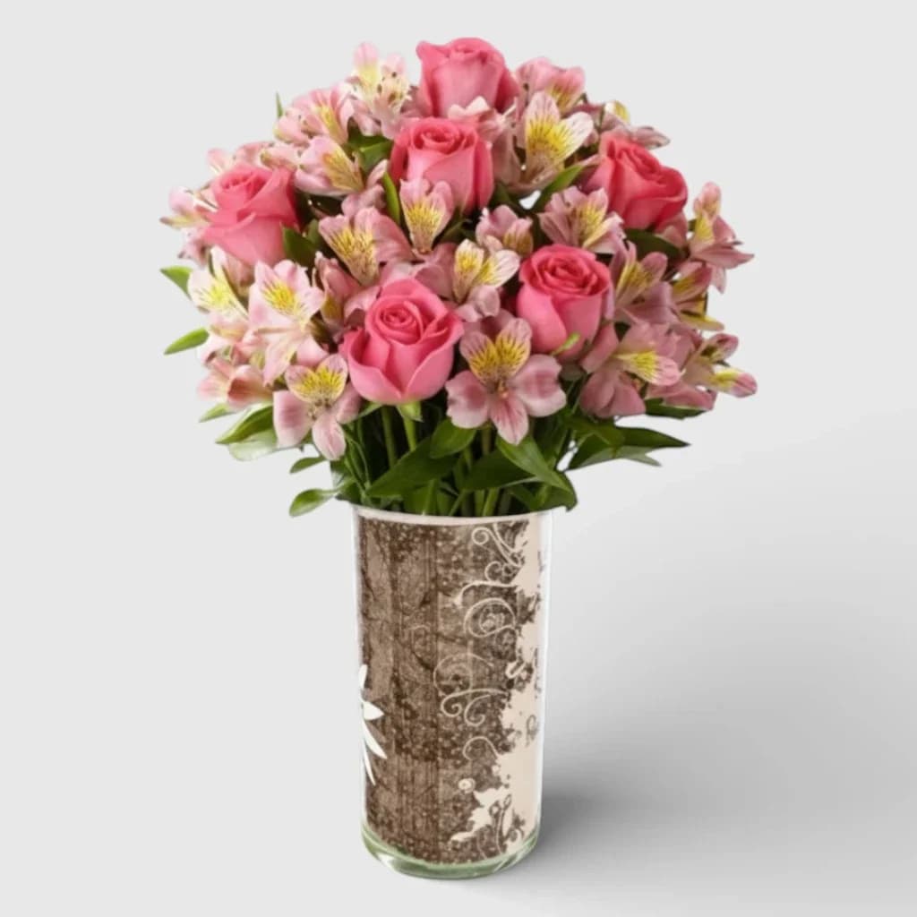 Bouquet of 9 pink roses &Alstroemeria "Color History"