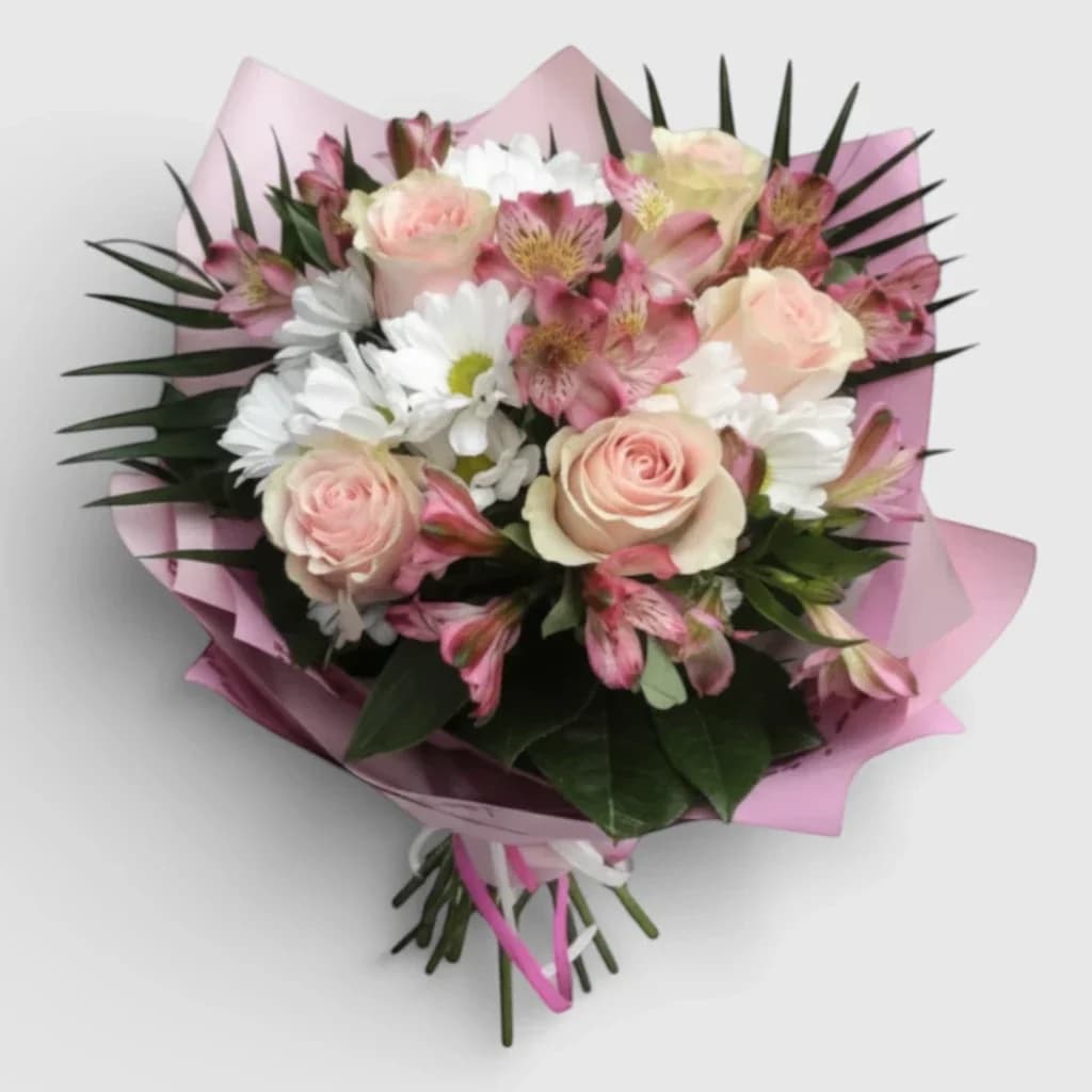 Bouquet of chrysanthemums, alstroemeria and roses "Bright Colors of the Day" 