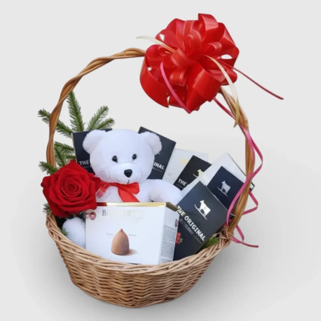 Chocolate platter with teddy bear and rose