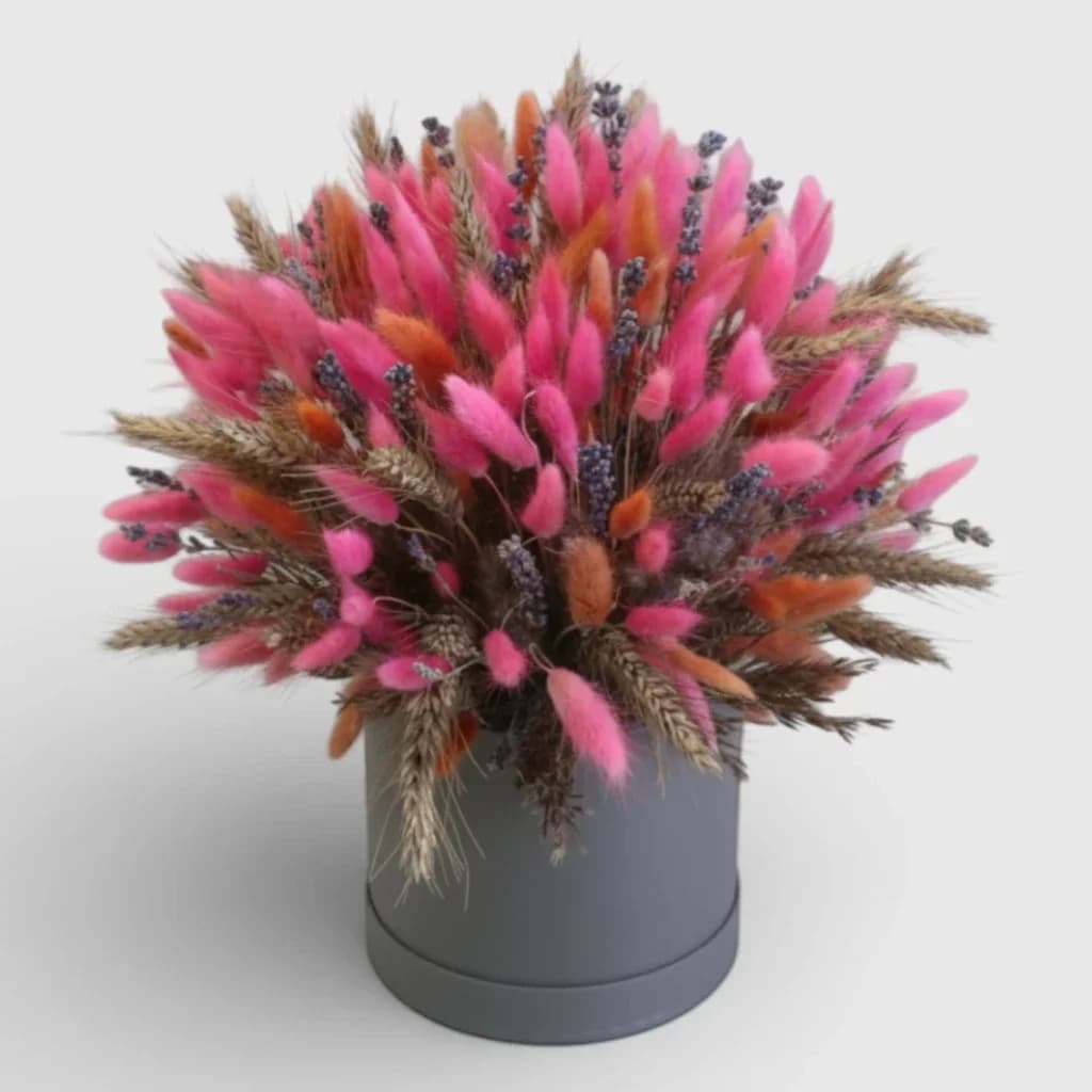 Multi-colored lavender& lagurus flowers in a Hat Box 