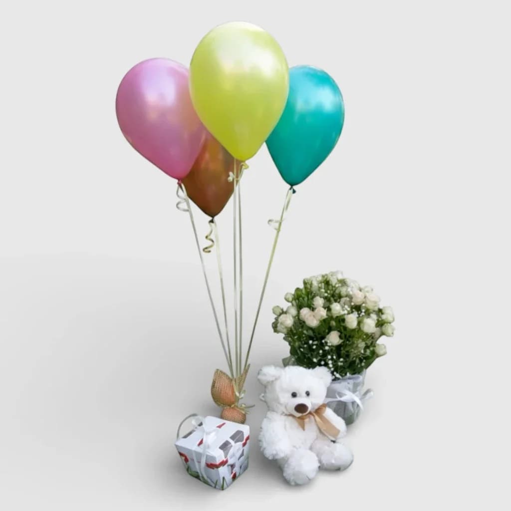 Gift set «For you» with Flower Basket, Teddy Bear, Box of Chocolates and Helium Balloons