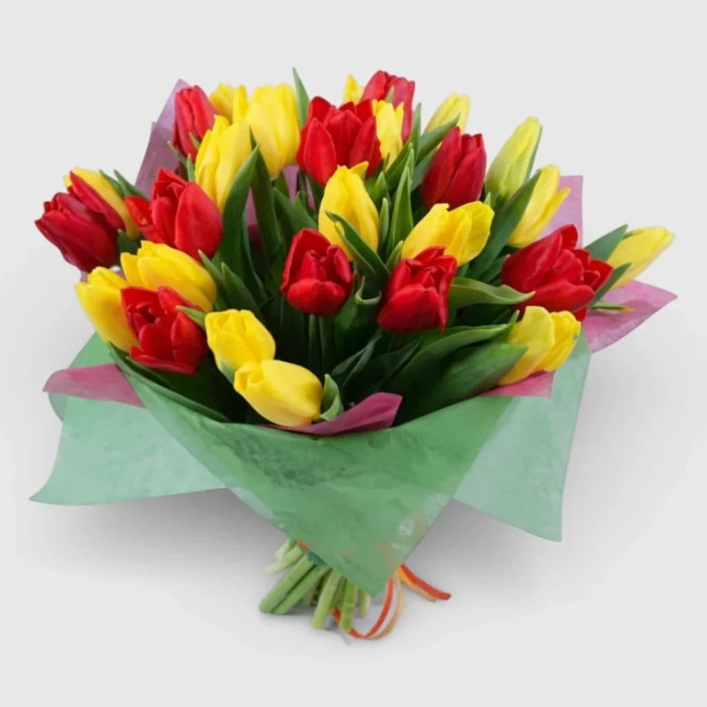 Flower bouquet of 25 Red & Yellow tulips