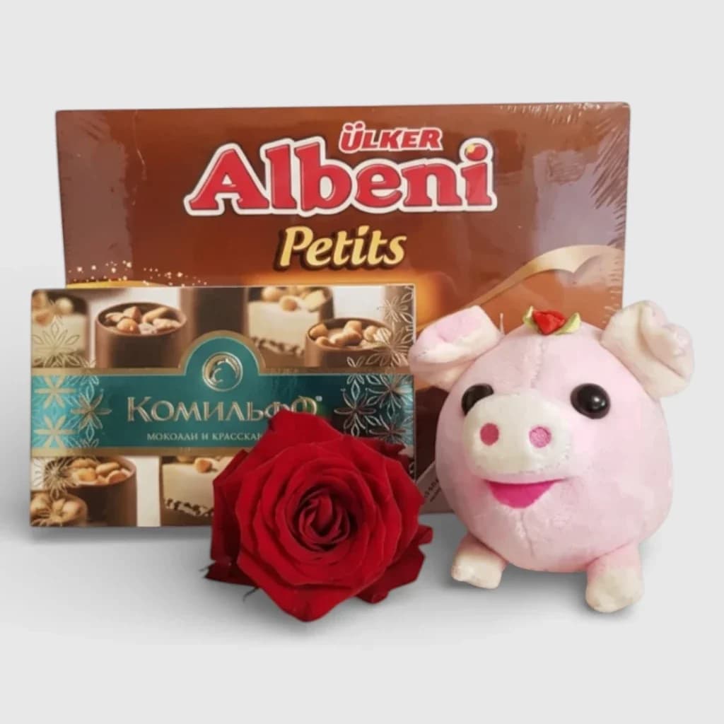 Plush pig with rose and candies