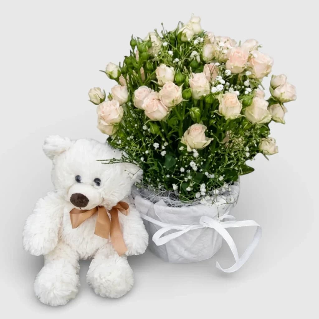 Gift Set "Plush Love" with Spray Rose Basket & Teddy Bear