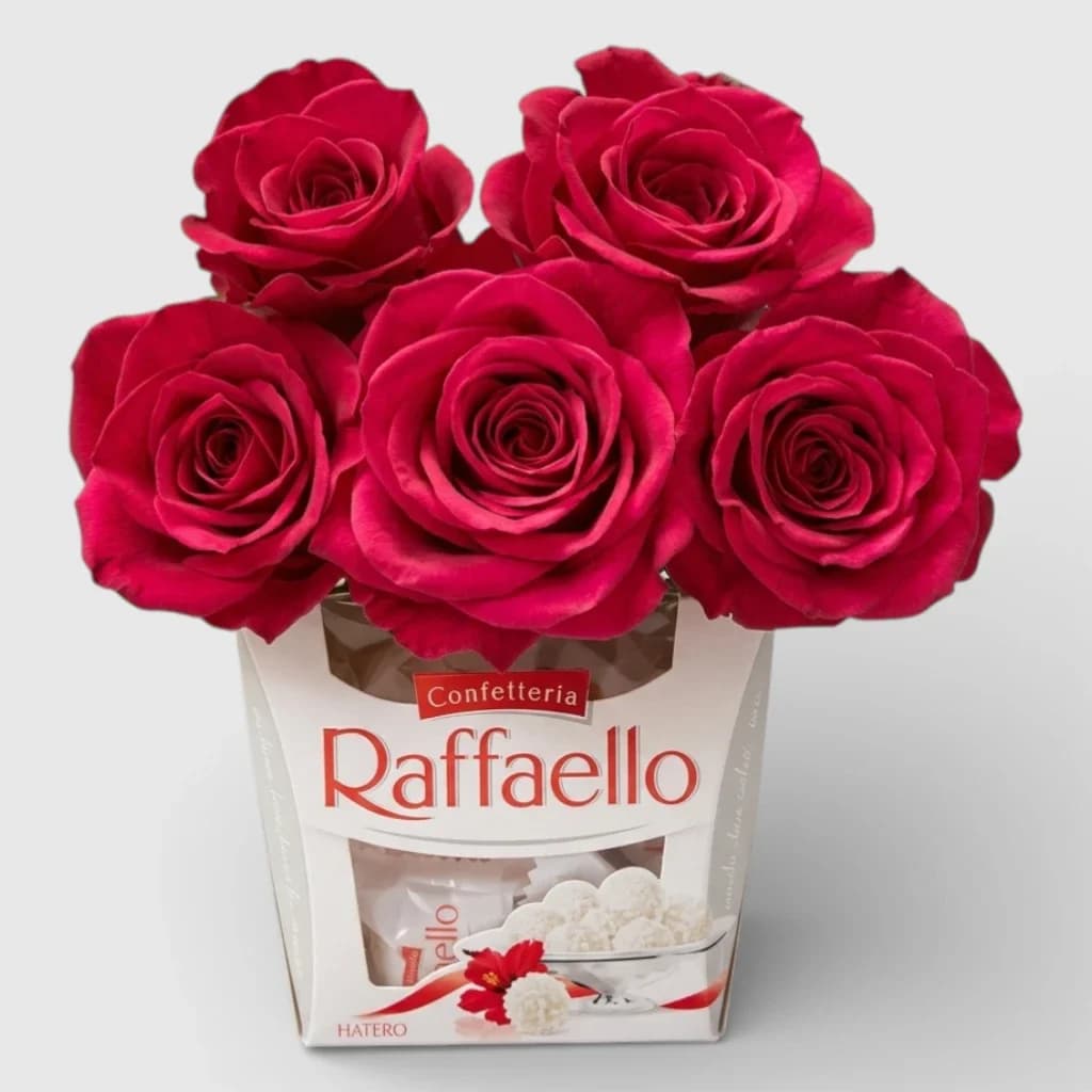 Bouquet of 5 Red Roses & Box of Chocolates Raffaello