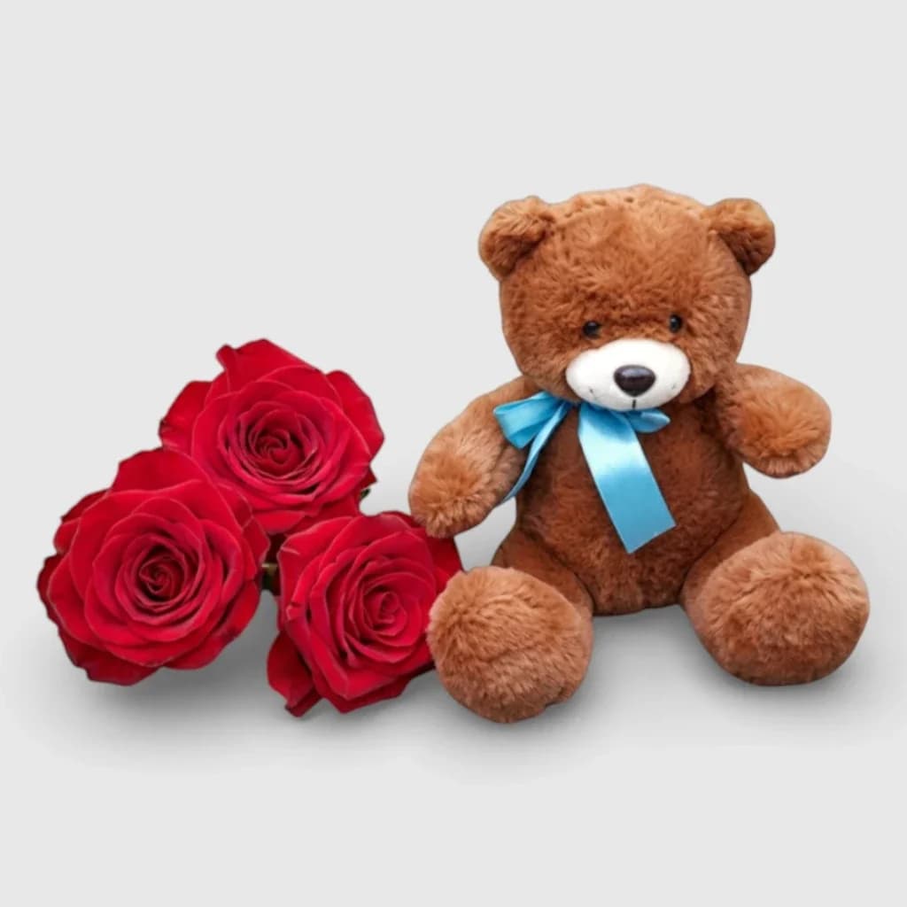 3 Red Roses & Small Teddy Bear