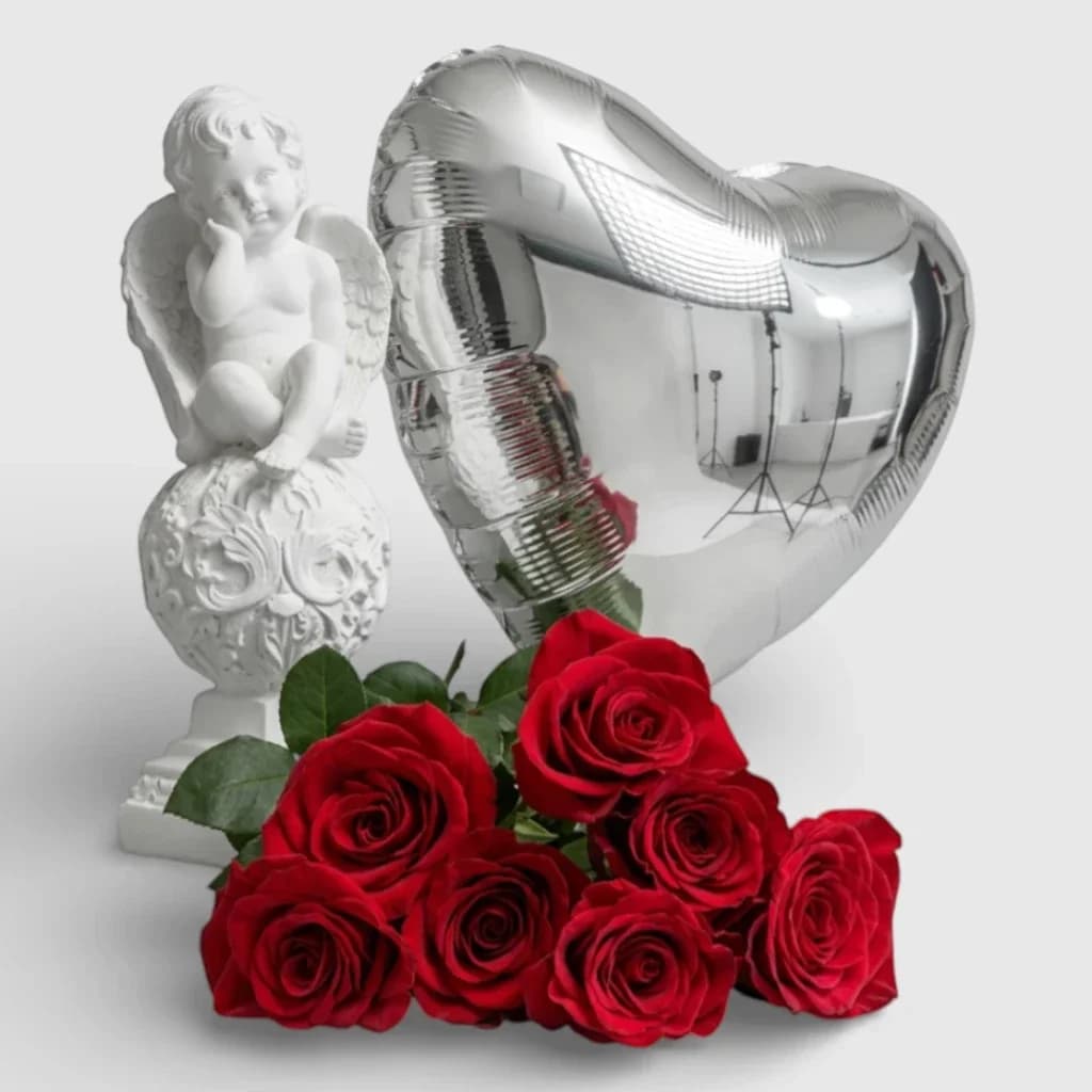 Red Roses& Silver Helium Balloon Mylar Gift Set For Angel