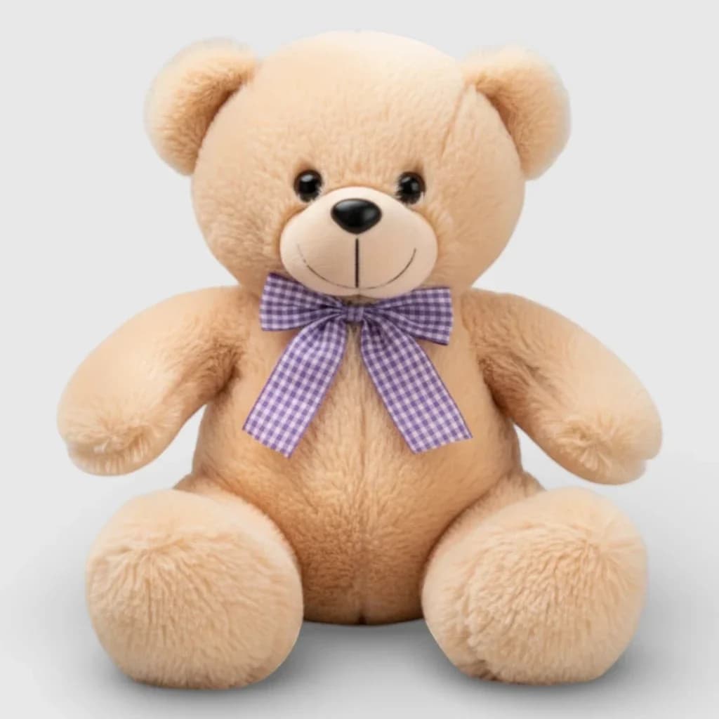 Soft toy teddy bear with bow, light brown 