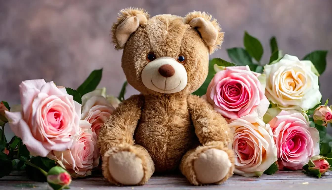Teddy bear and a bouquet of flowers