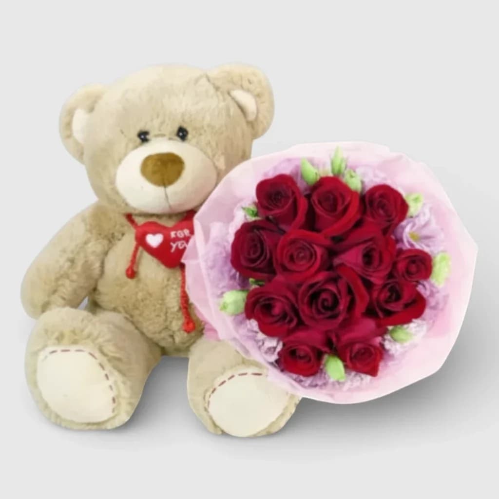 Red Roses hand-tied bouquet & Large Teddy Bear