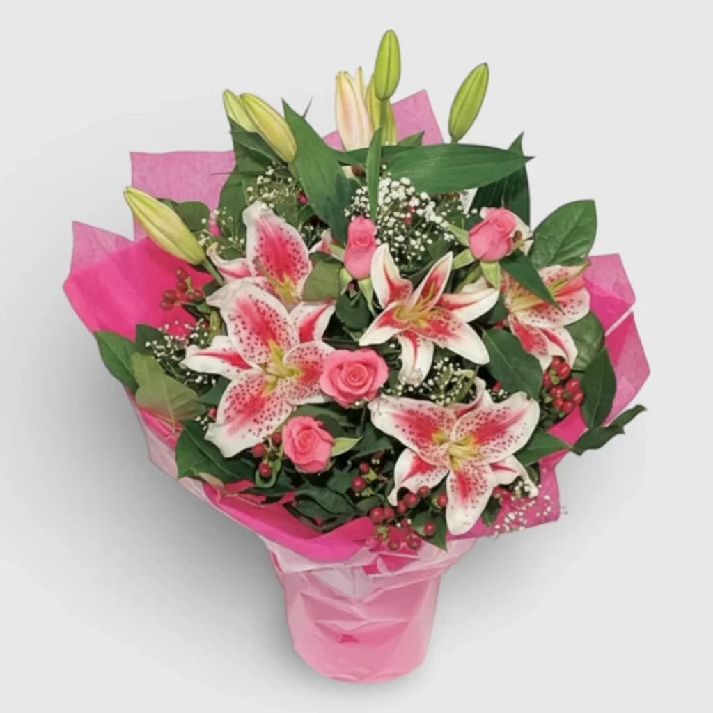 Flowers bouquet "Lilys & Pink Roses Hand-tied"