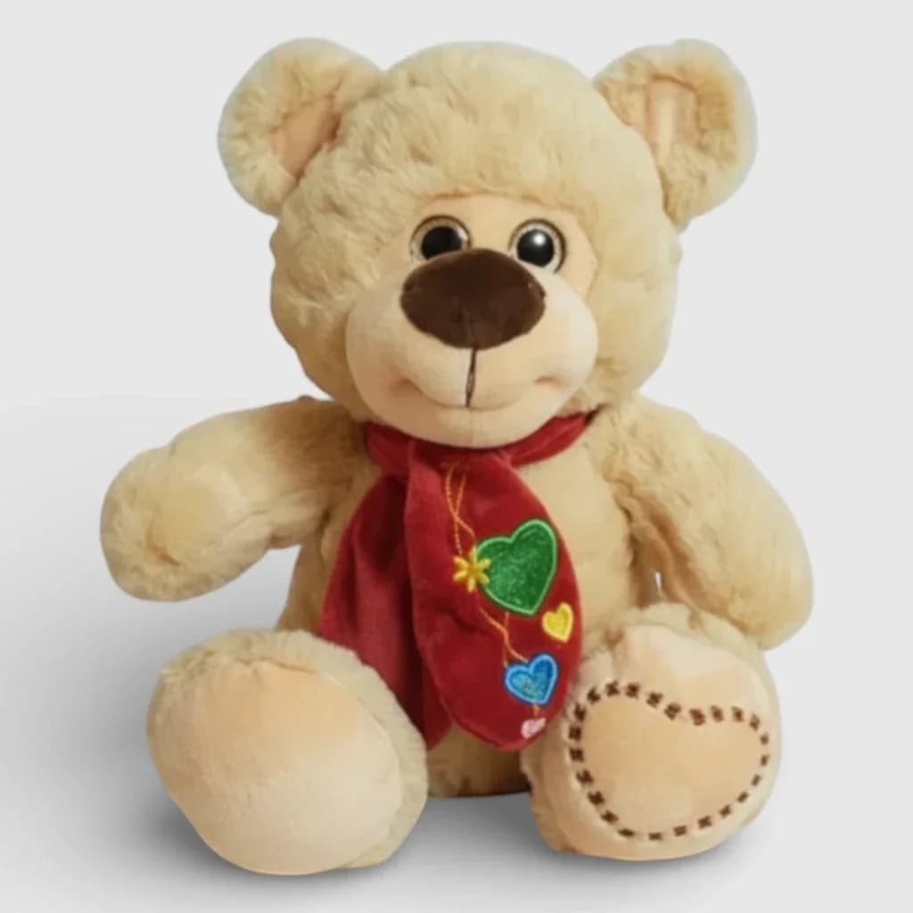 Soft toy teddy bear with scarf, light brown