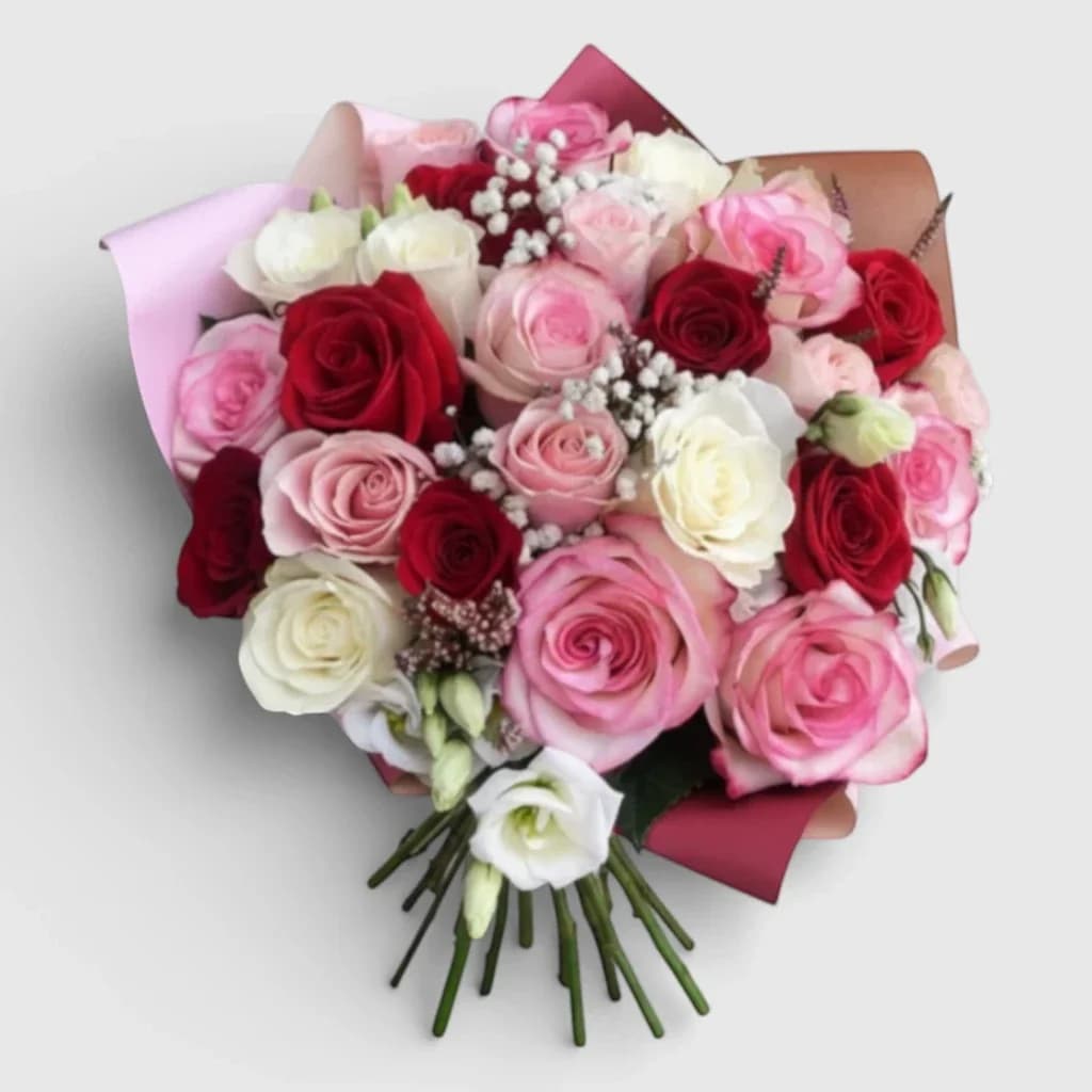 Bouquet of red, pink and white roses