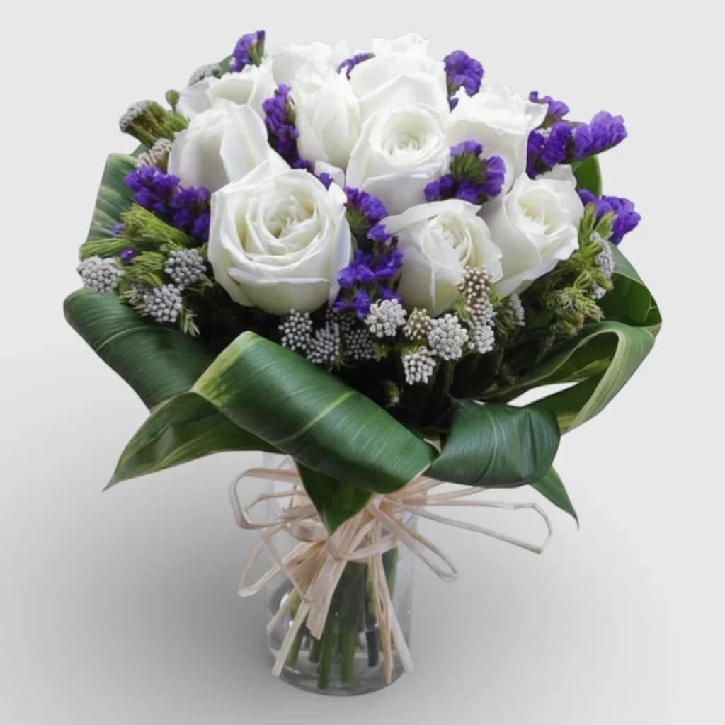 Bouquet of 11 White Roses & Blue Statice" Diana"