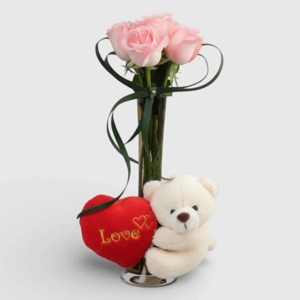 Pink Roses in a Vase & Teddy Bear